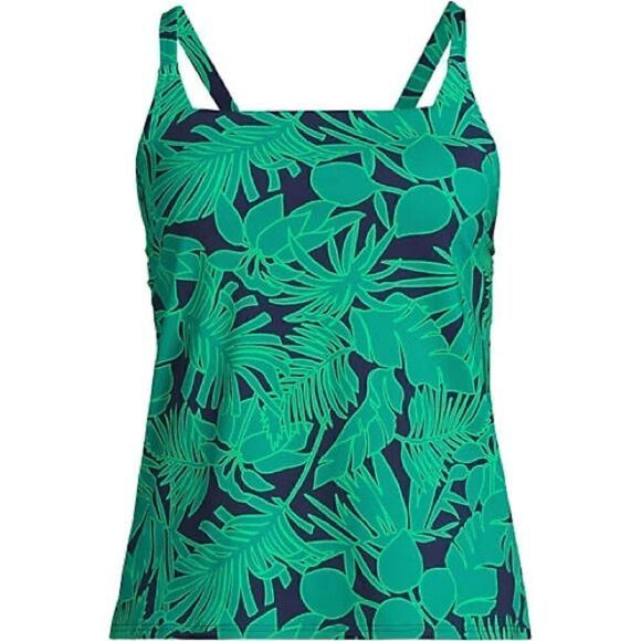 Land’s End square neck tankini top X Back top emerald green navy palm print Var - Picture 2 of 5